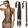 A woman models a gold sequin dress and long dark hair with braided extensions.