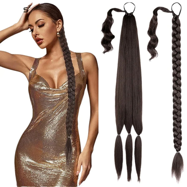 Una mujer modela un vestido de lentejuelas doradas y cabello largo oscuro con extensiones trenzadas.