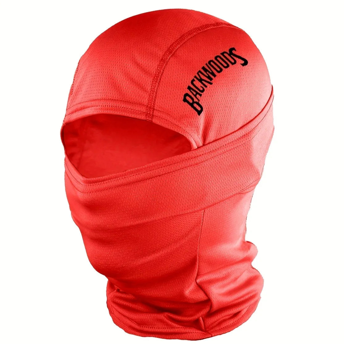 A red breathable windproof balaclava hat with the word BACKWOODS printed on the forehead.
