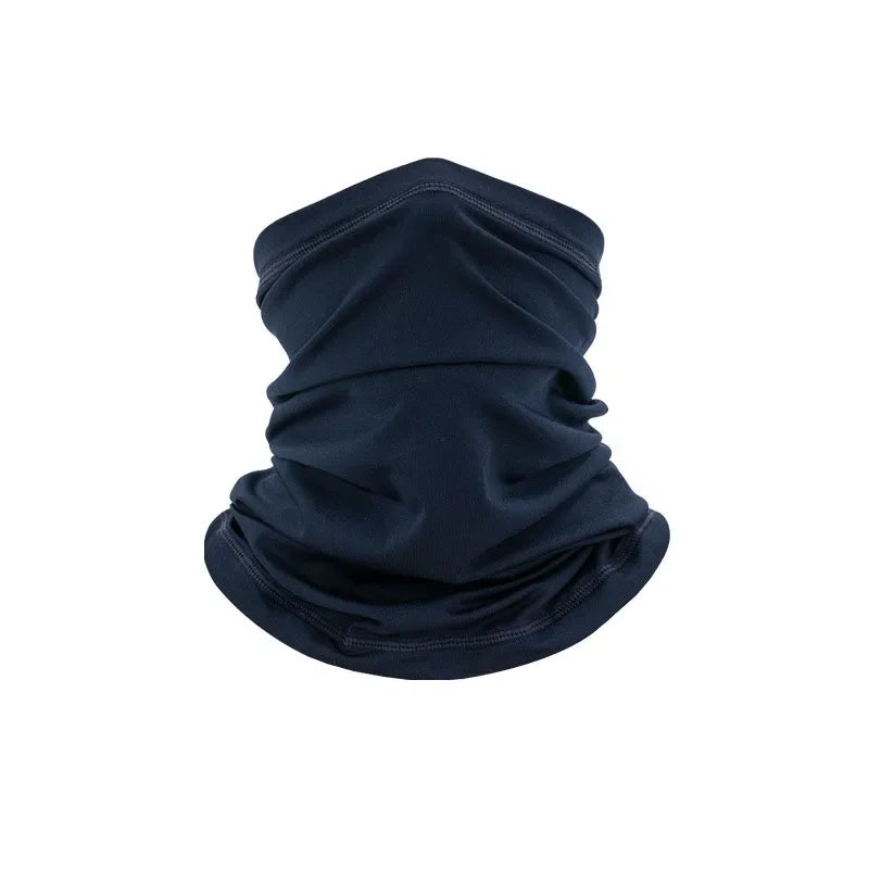 A dark navy blue breathable multi-use mesh scarf folded and displayed against a white background.