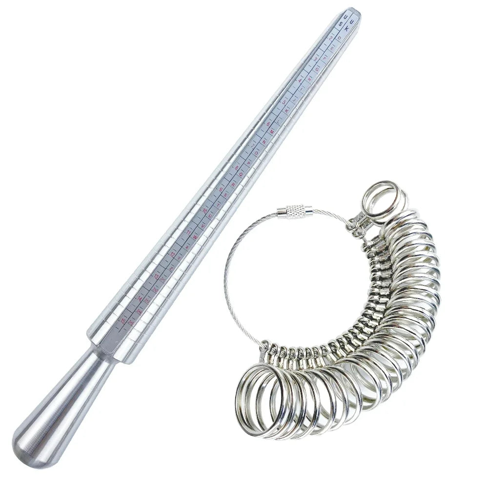 Juego de anillos calibradores de plata con varilla larga y mandril enrollado para fabricación de joyas