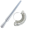 A professional metal ring sizer set featuring a long metal ruler and a coiled metal ring mandrel.