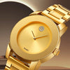 A close-up shot of a gold-toned Skmei wristwatch with a round face, gold bezel, and a sparkling diamond crown.