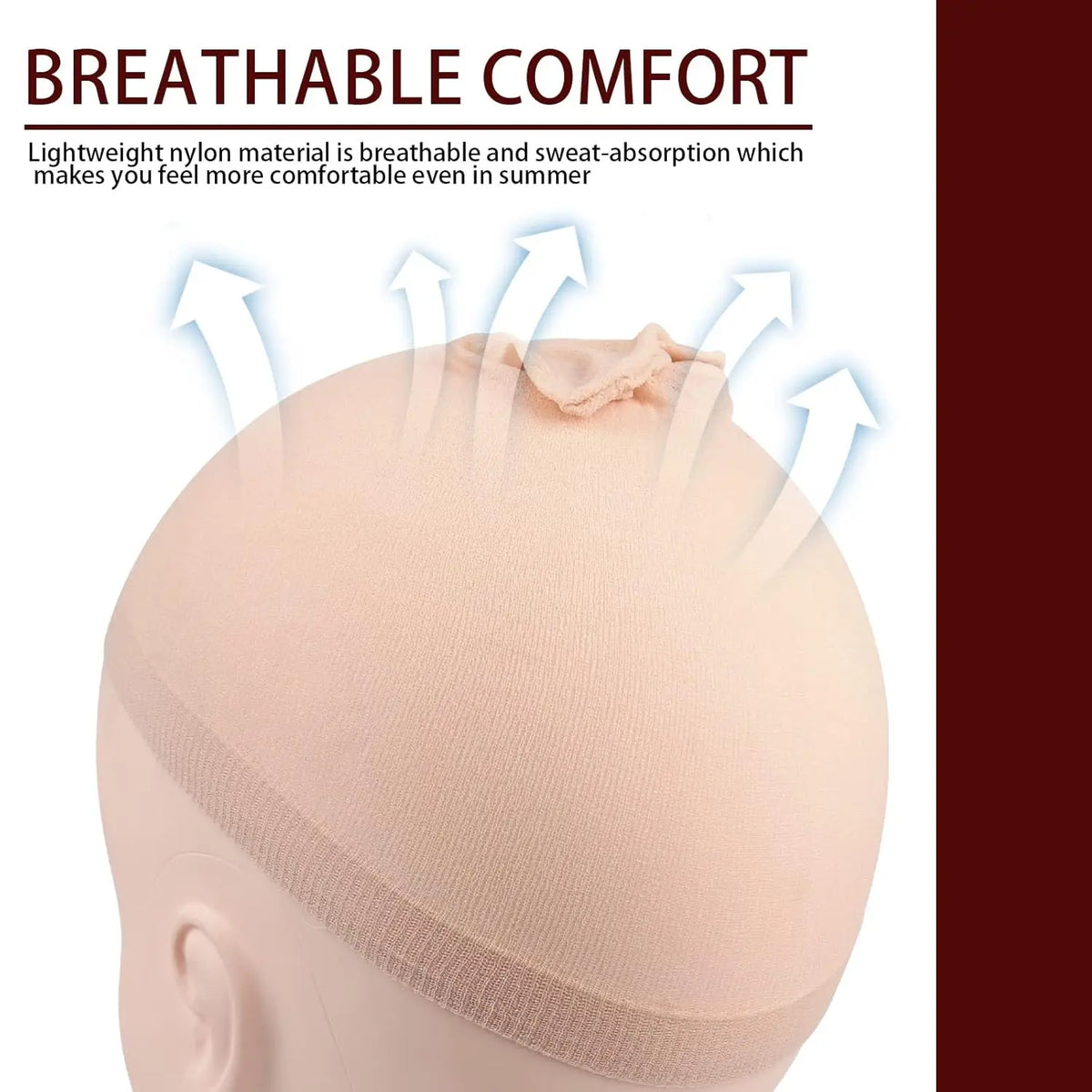 A close-up of a light pink breathable comfort wig cap shown on a mannequin head.