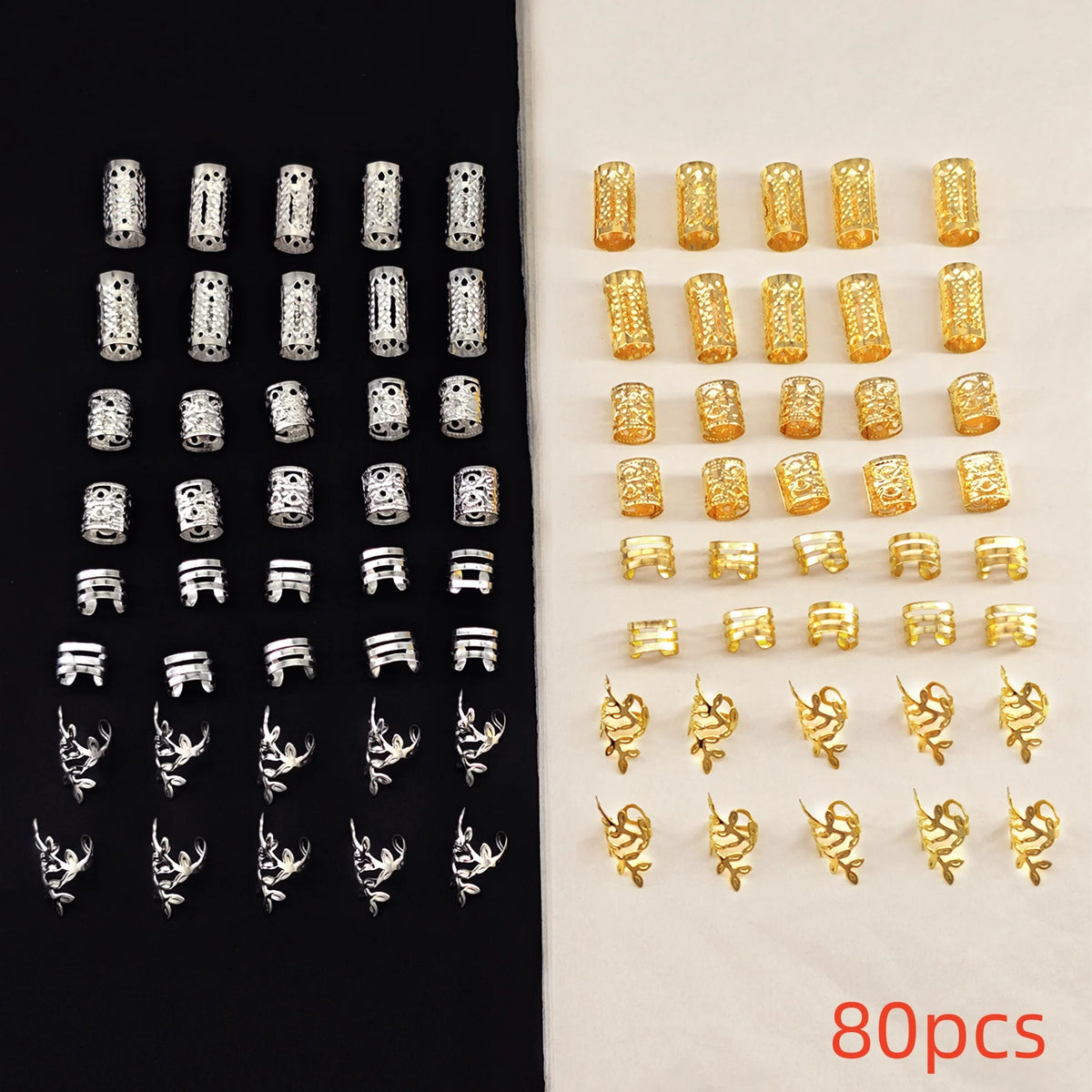 A collection of 80 elegant hollow hair rings for braids in gold and silver colors displayed on a white background.