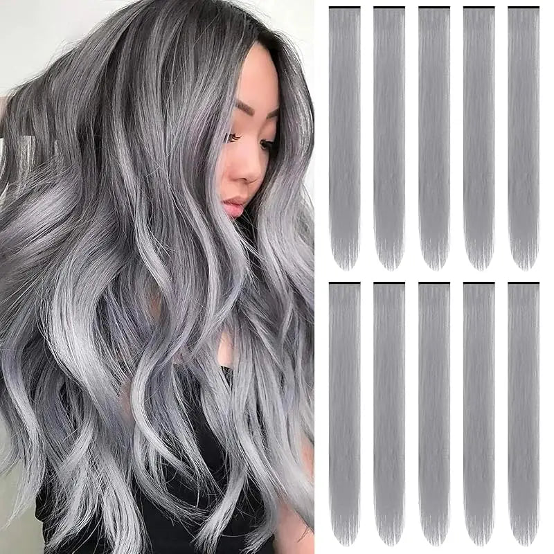 Longues extensions de cheveux gris et ondulés synthétiques sur la tête d'un mannequin.