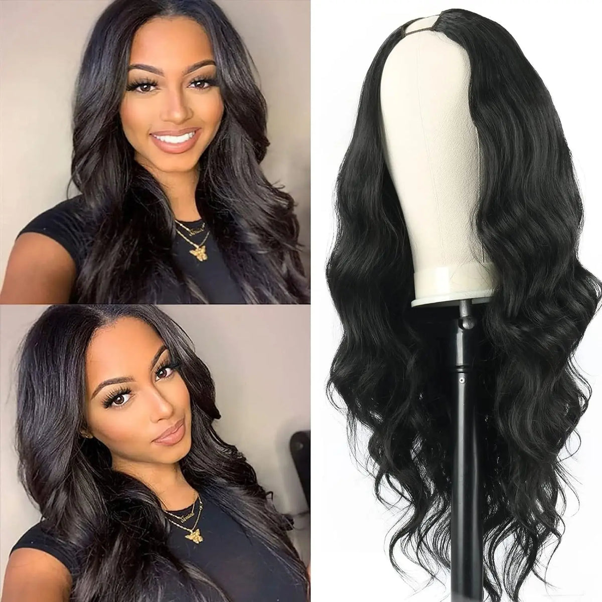 Una larga peluca sintética de ondas negras con extensiones de cabello oscuro mostrada en un maniquí.