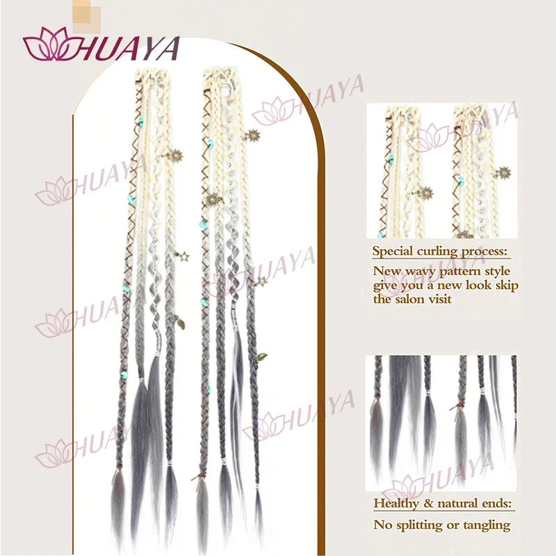 Long, wavy beaded hair extensions shown in a display case with natural ends.