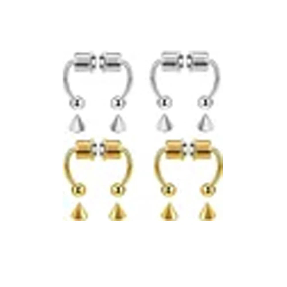A pair of silver hoop nose rings and a pair of gold hoop nose rings.