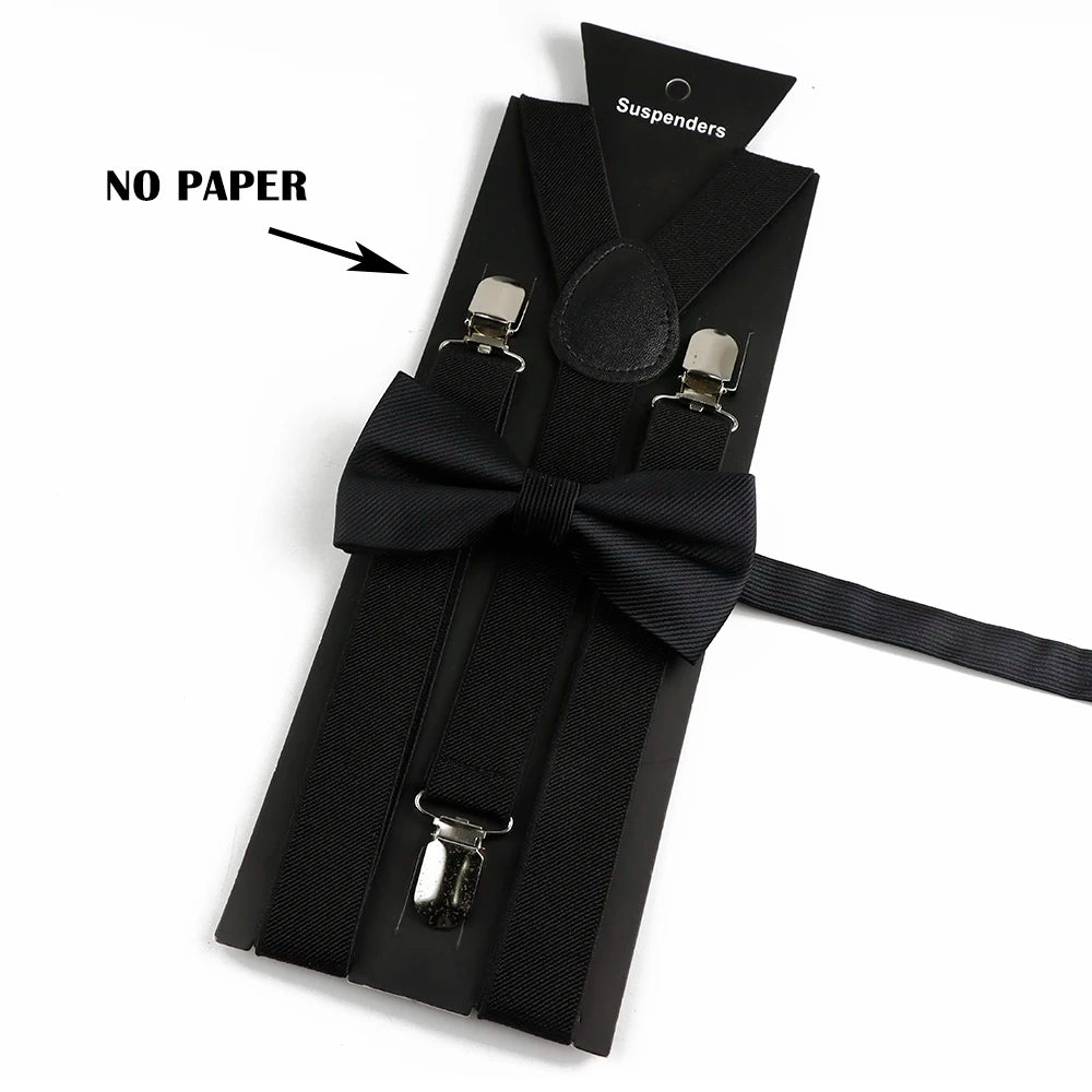Black adjustable polyester suspenders and bow ties set with metal clasps