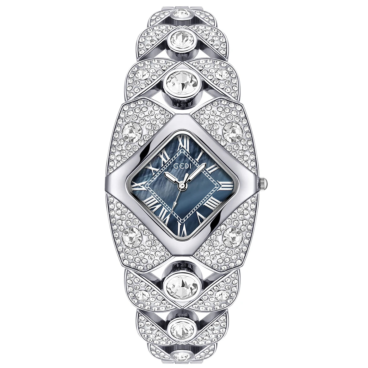 A silver luxury diamond inlaid quartz wristwatch with a pave-set bezel and diamond-encrusted bracelet.