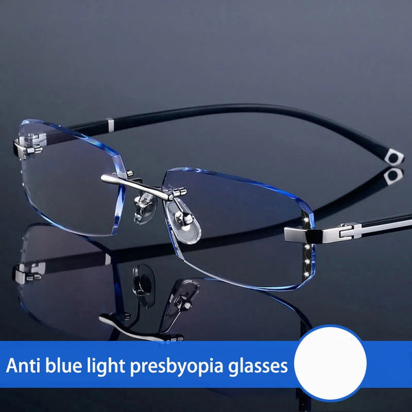 Pair of frameless blue light blocking reading glasses for presbyopia