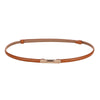 A skinny brown leather belt with a gold buckle shown lying flat.