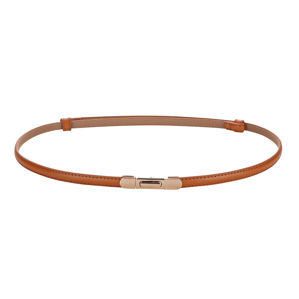 A skinny brown leather belt with a gold buckle shown lying flat.