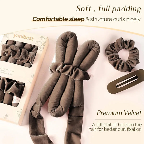 A pair of dark brown velvet heatless curling rods and headbands for comfortable sleep and curl fixation.