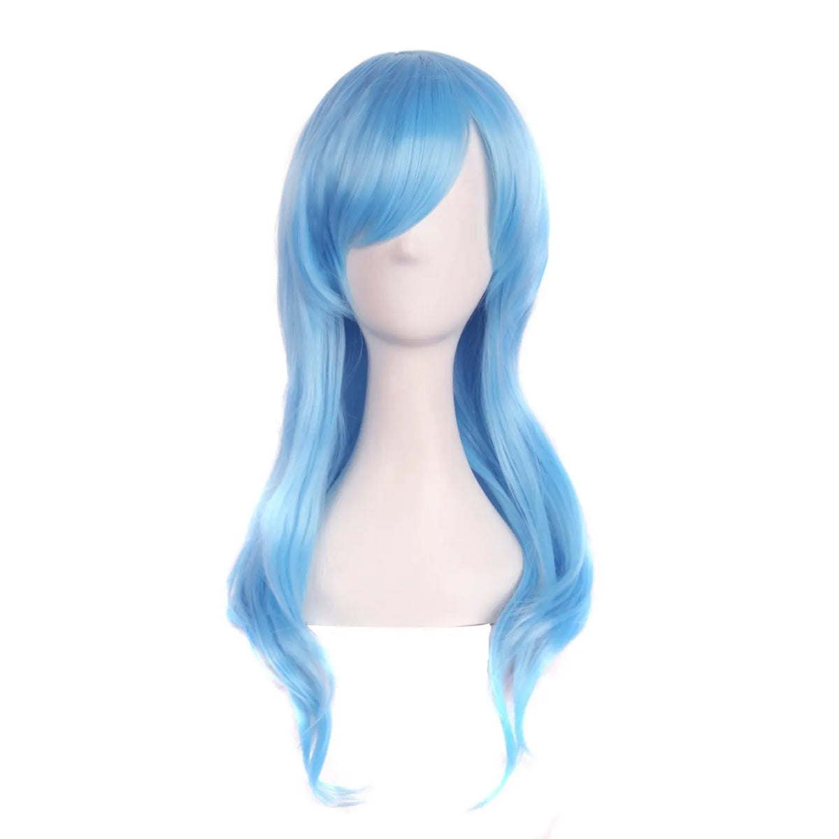 A mannequin displays a long, bright blue, wavy hair extension wig.