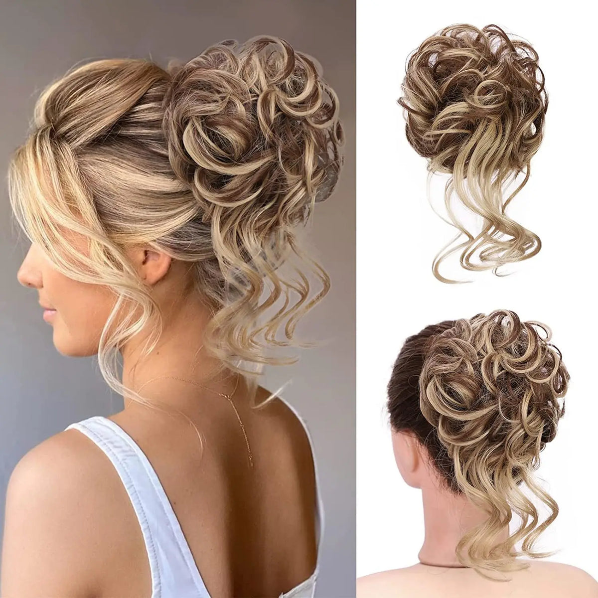 A woman's half-up hairstyle featuring messy synthetic hair in blonde and brown tones styled in a voluminous bun.