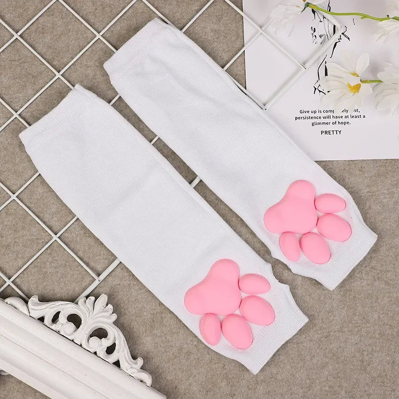 White arm sleeves with pink cat paw designs for cosplay and sun protection