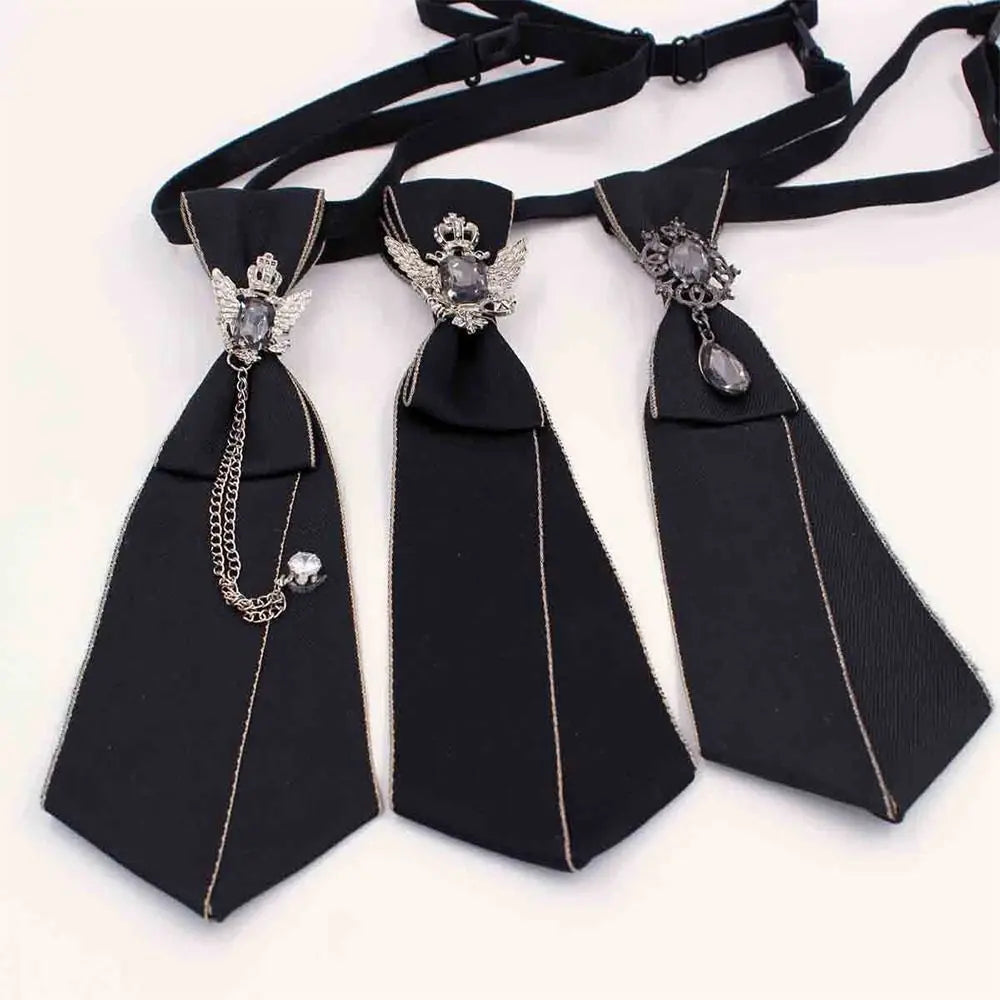 Black gothic crystal rhinestone bow tie necktie for shirts with black fabric and silver accents
