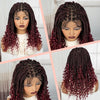 Close-up photos of a woman wearing a reddish-brown boho box braid wig with curly hair