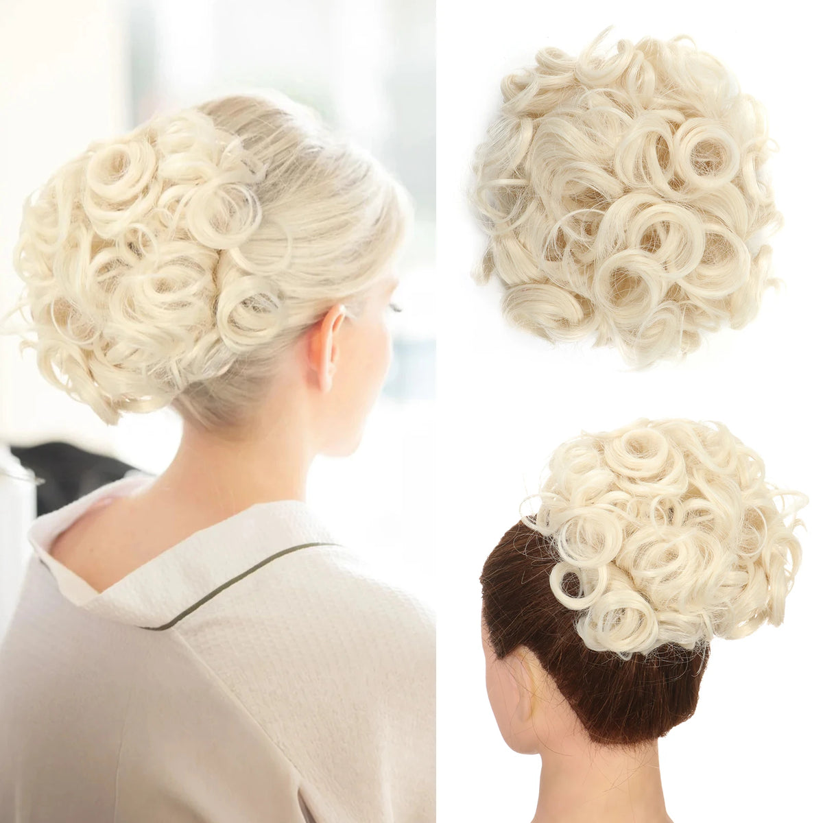 A woman shows off a light blonde synthetic curly chignon hairstyle, including a close-up of the textured curls.