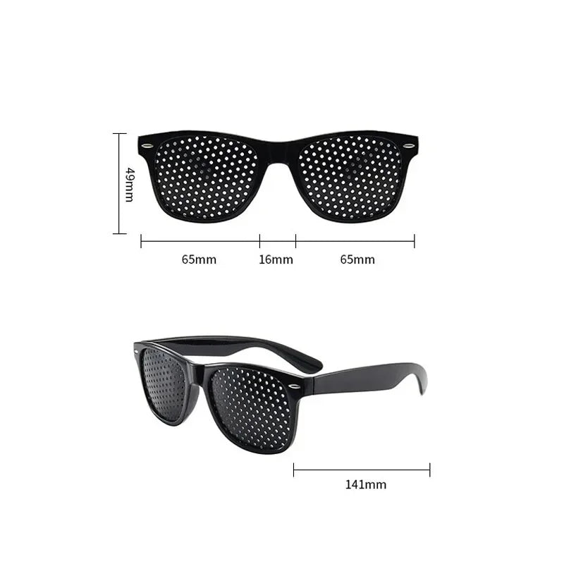Black vision correction pinhole glasses with a perforated lens and thin frame.