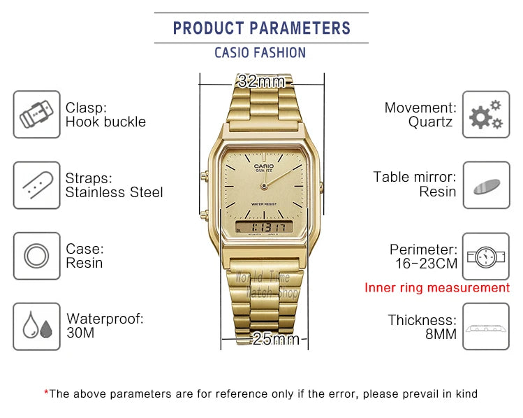 A gold-toned Casio Fashion wristwatch with a stainless steel hook buckle and resin case and strap.