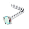 Surgical stainless steel nose piercing stud with a clear, iridescent gemstone.