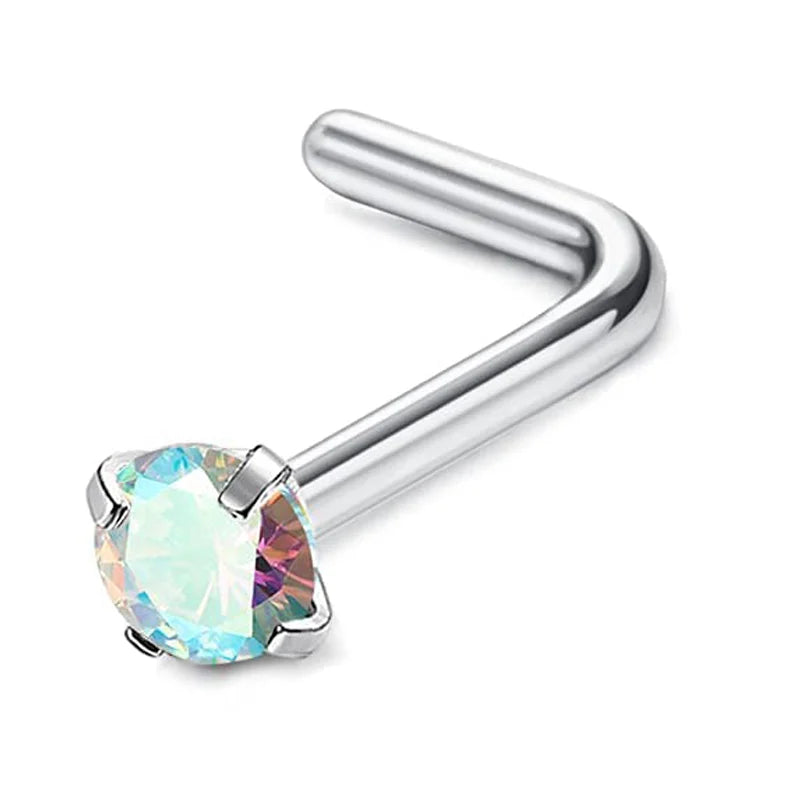 Surgical stainless steel nose piercing stud with a clear, iridescent gemstone.