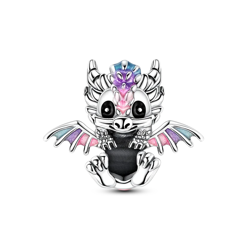 A sterling silver devil's eye charm featuring a stylized dragon head with iridescent purple and pink accents.