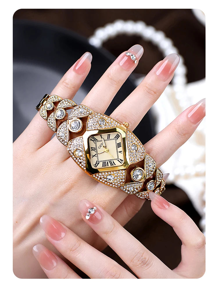A close-up of a luxury diamond inlaid quartz wristwatch worn on a hand.