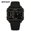 A black digital wristwatch with a square face and dark strap, displaying the time.