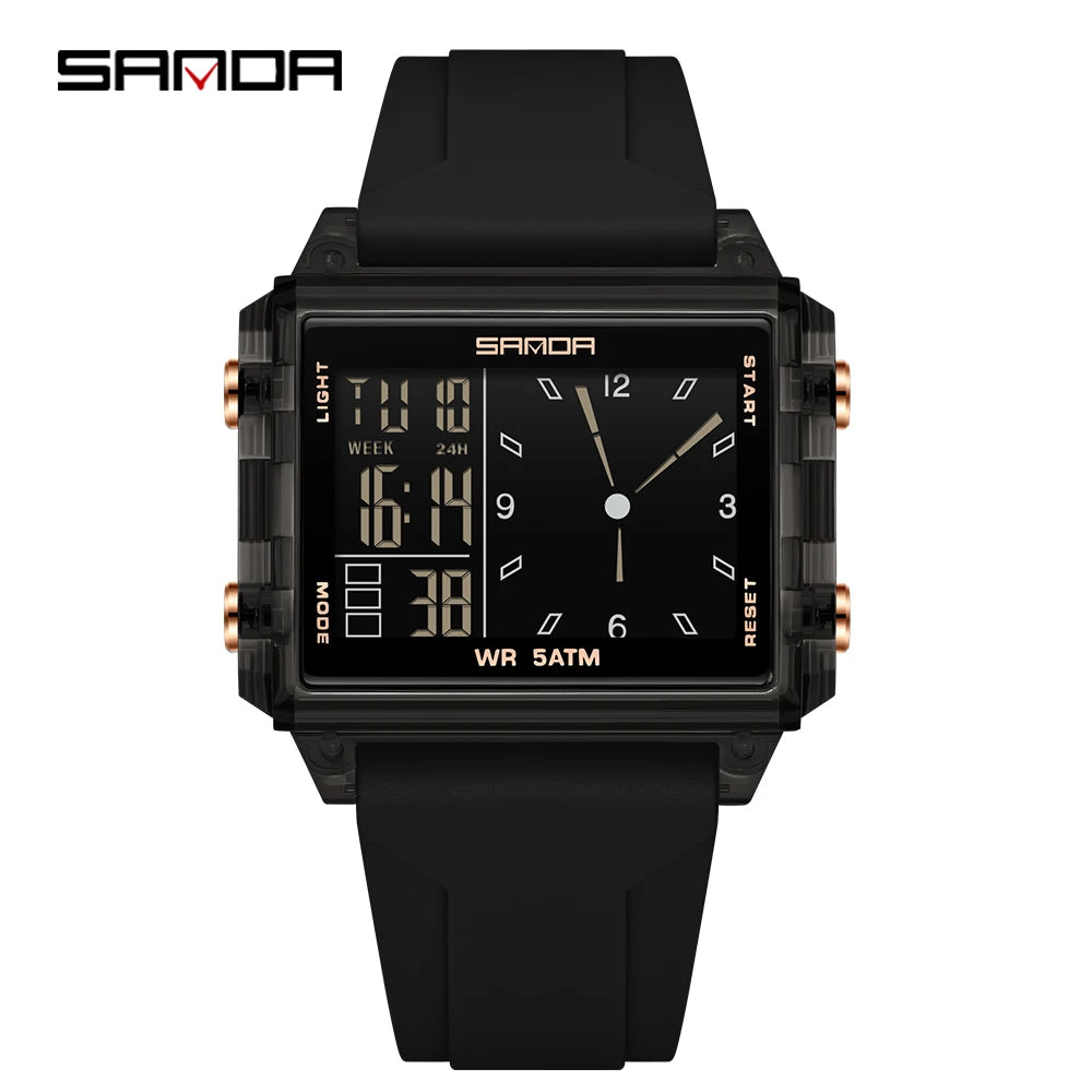A black digital wristwatch with a square face and dark strap, displaying the time.