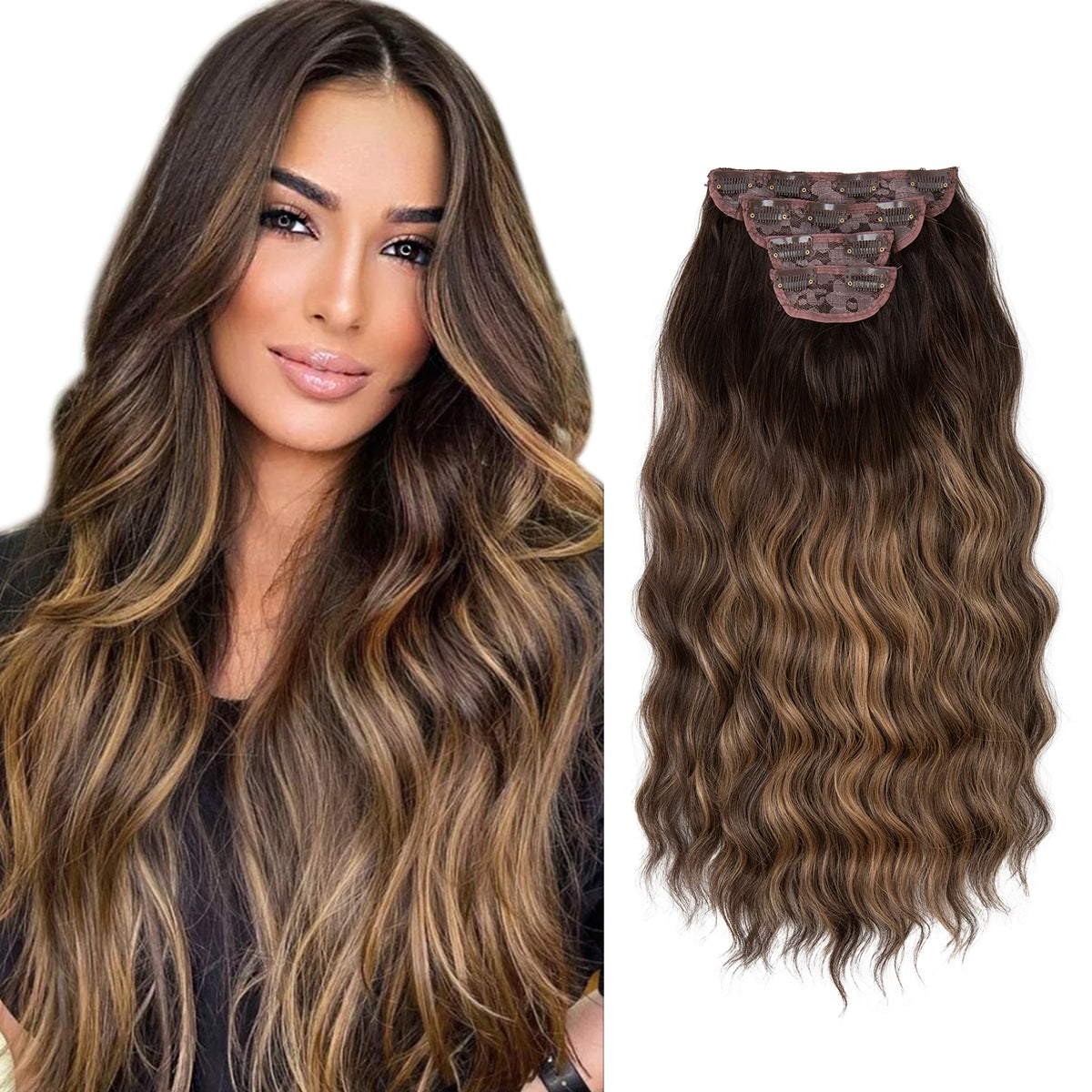 Una mujer modela cabello castaño ondulado y una extensión clip con estampado floral.
