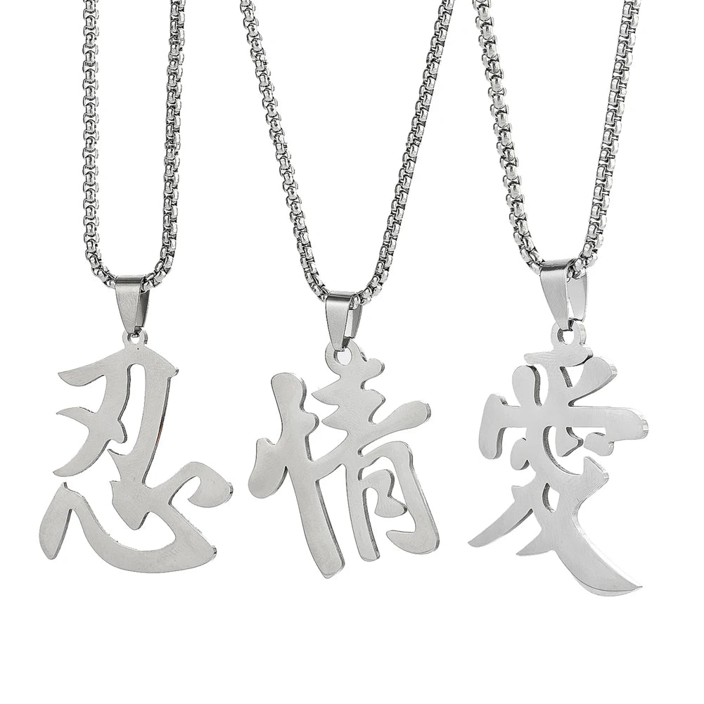 Three stainless steel necklaces featuring Chinese character pendants on silver chains