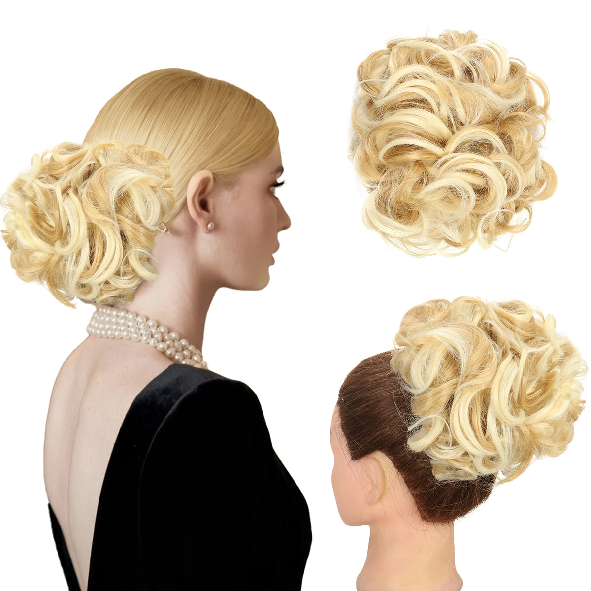 A woman shows off a blonde curly chignon hairstyle, including a separate hairpiece for a messy bun.