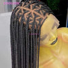 A close-up of a black box braid wig with long braids worn on a mannequin head.