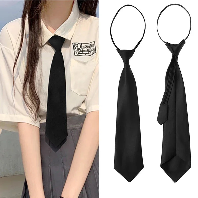 Black clip-on security tie shown in various styles and colors