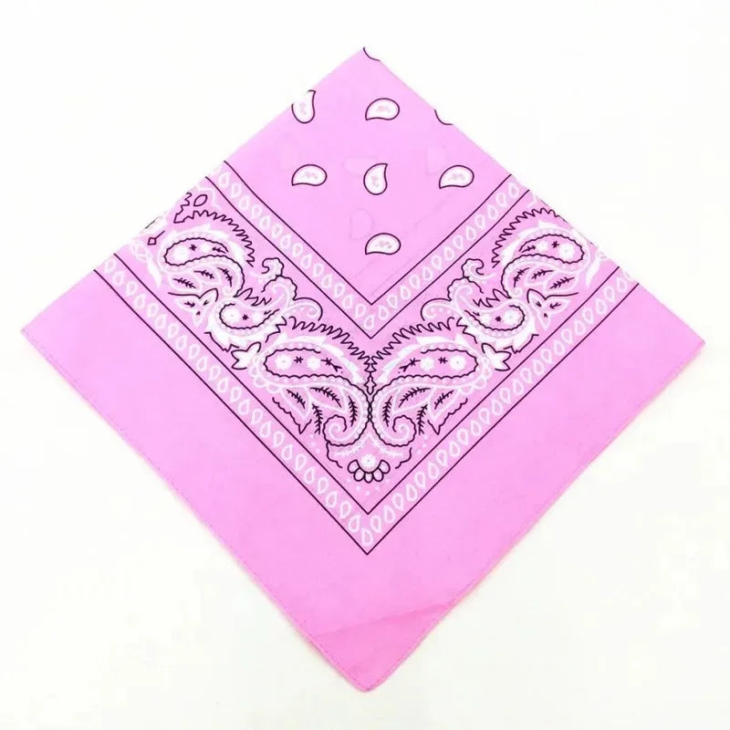 Pink cotton bandana scarf with white paisley and geometric patterns
