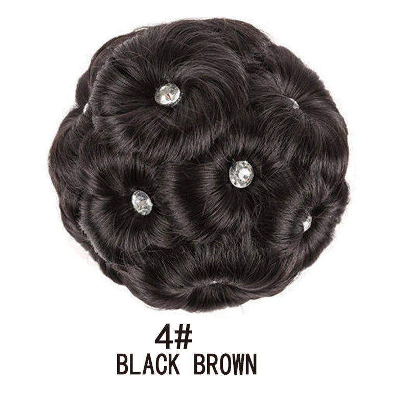 A spherical bun clip-in hairpiece made of black brown synthetic curly hair.