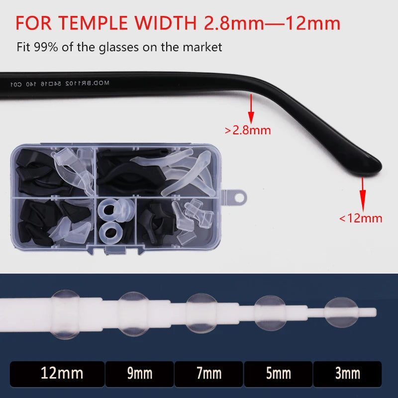 Silicone ear grip hooks for glasses and sunglasses shown with various sizes