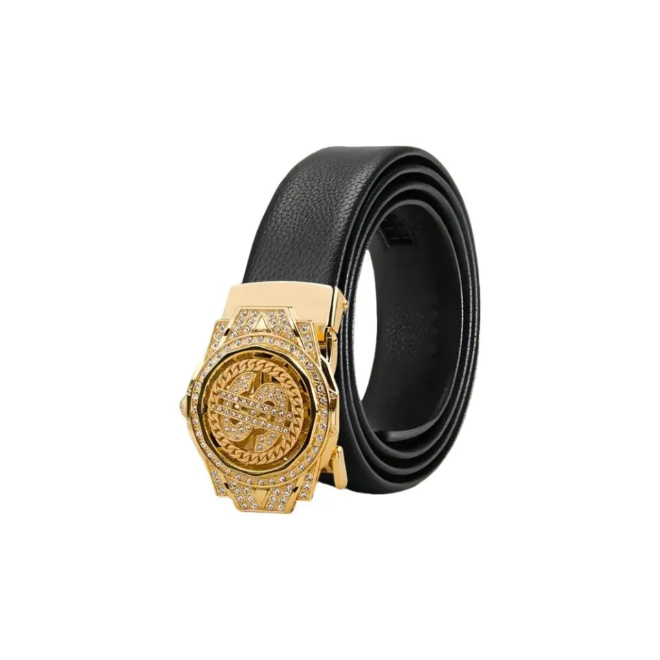 A luxury gold-toned belt buckle and black PU leather belt are shown.