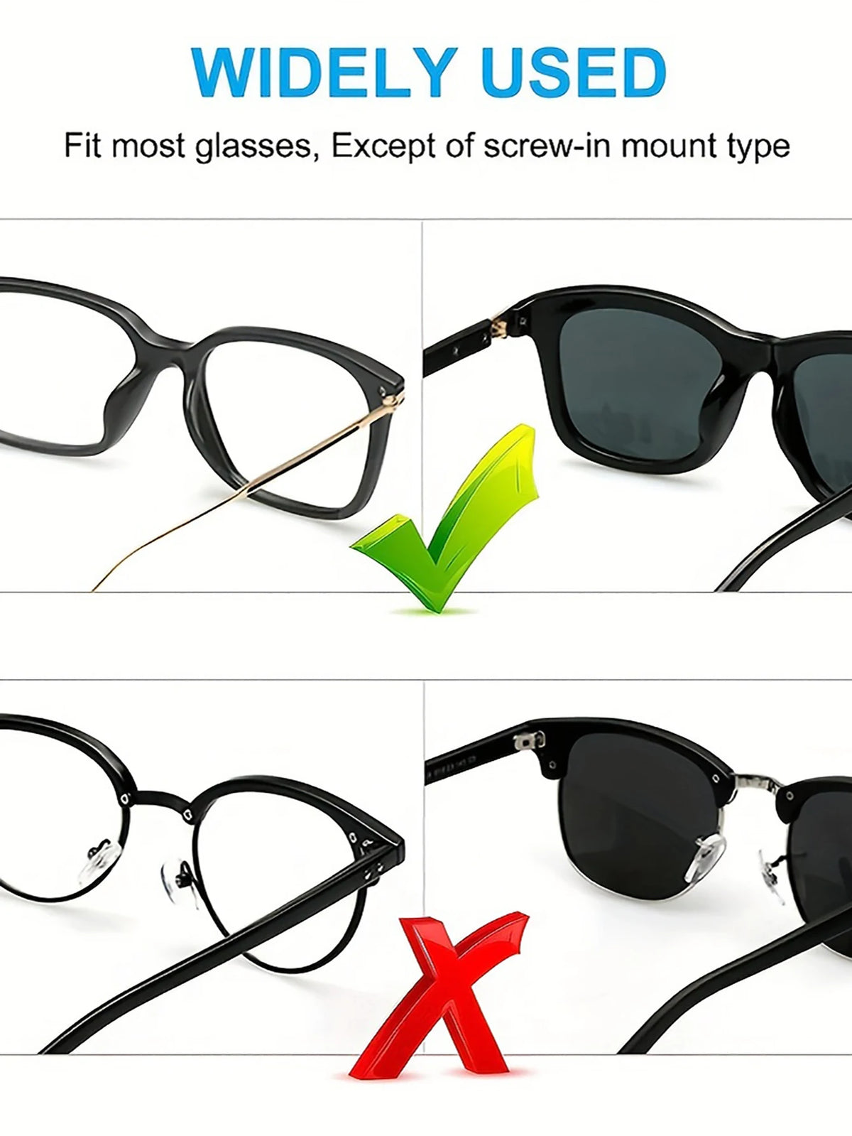 Puntas nasales anti-resbalón de silicona para gafas, mostradas con varios monturas y un ejemplo de montura tachada.