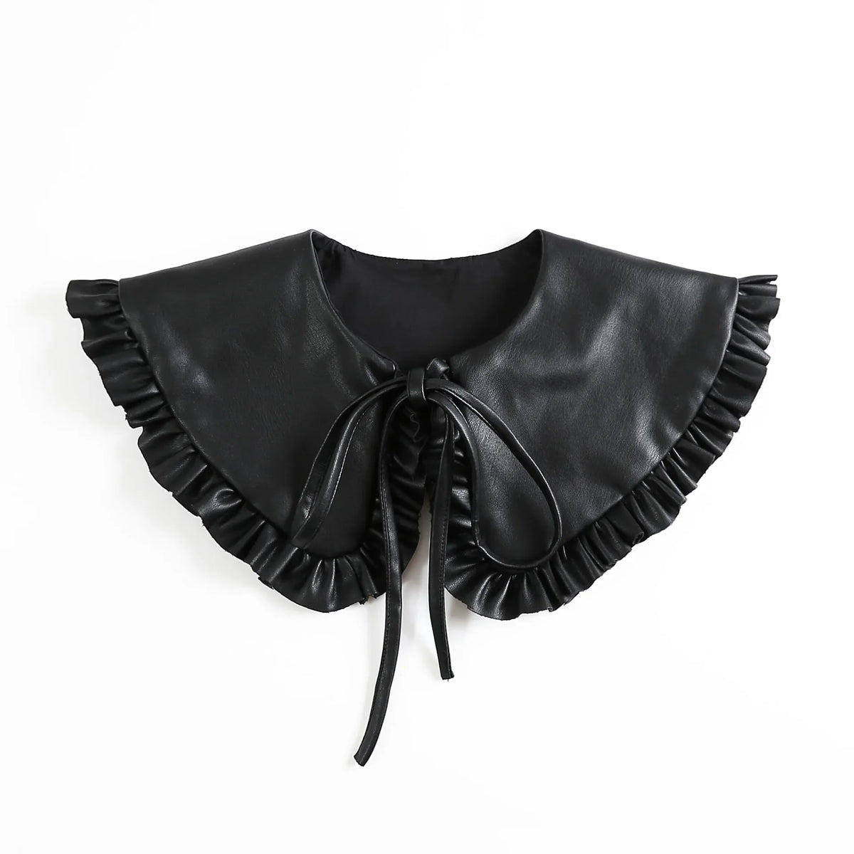 Black leather blouse with a ruffled false collar and tie detail.
