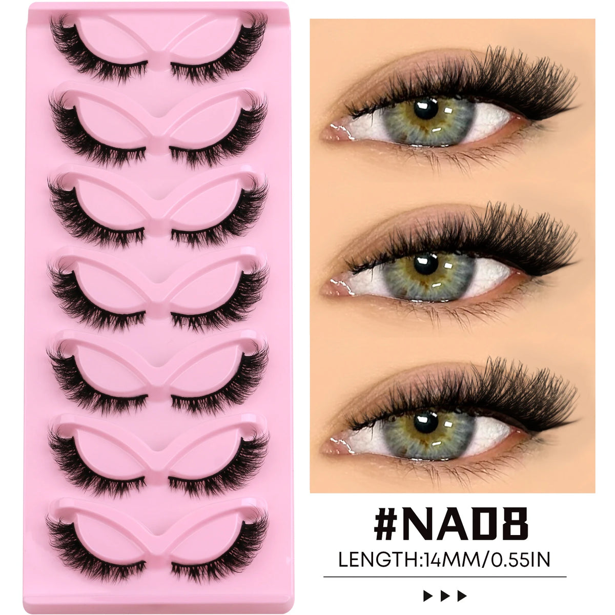 A pink plastic tray holding multiple pairs of black faux mink cat eye eyelashes for cosmetic use.