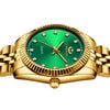 A luxury golden quartz wristwatch with a green dial and gold-toned band.
