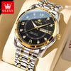 A stainless steel watch with a gold-toned bezel and silver bracelet is displayed on a light background.