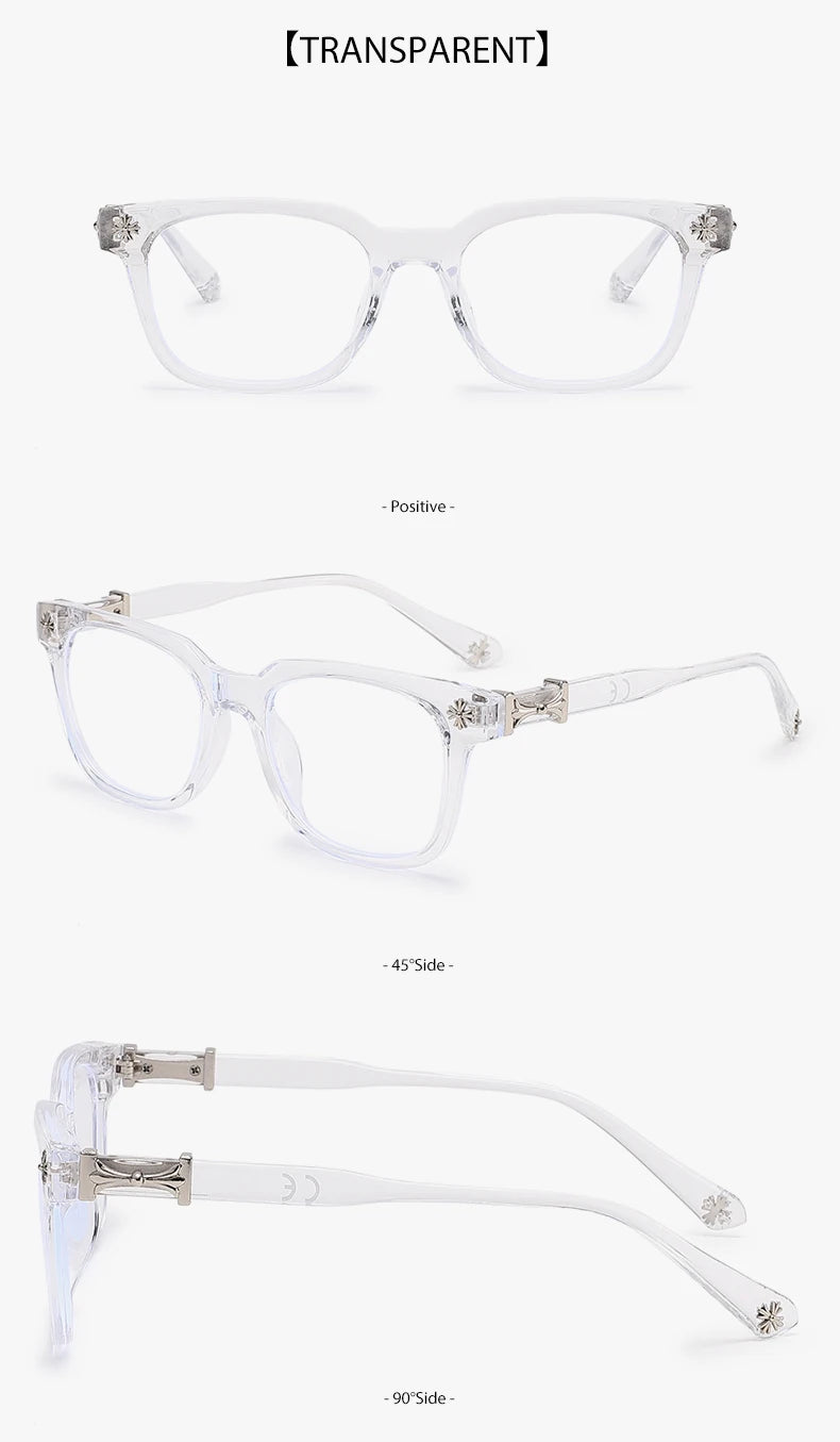 A set of clear, transparent square eyeglasses shown in various views and angles.