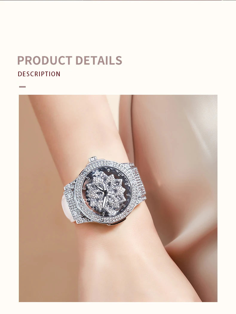 Gros plan d'une montre en quartz de luxe avec une lunette argentée et des accents de diamants sur un poignet.