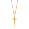 A gold-finished stainless steel cross necklace with a chain and a detailed figure design.